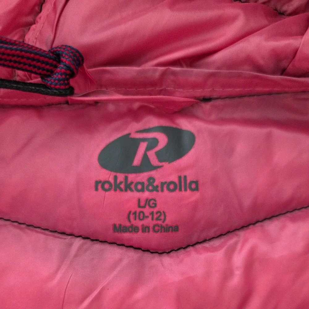 Rokka & Rolla Kids Black Down Puffer Jacket Hooded Packable Pink Zip Sz L 10-12‎